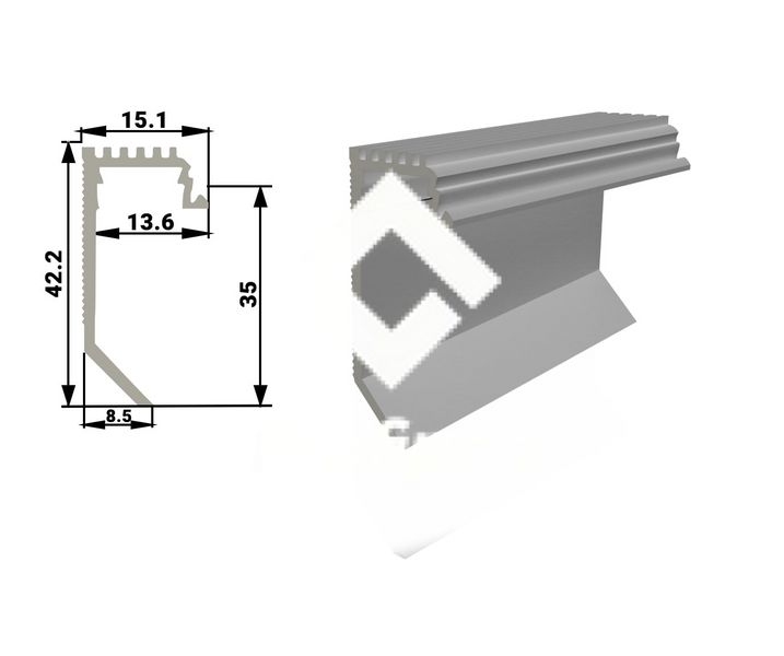 Built-in aluminum plinth for hidden installation 55 mm, silver gloss, without aluminum coating