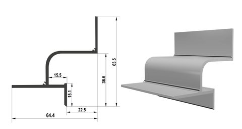 Shadow joint profile with LED ice light 20 mm, uncoated. Curved